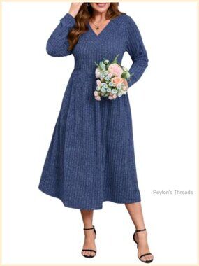 Plus Size V-Neck Maxi Sweater Dress with Pockets Long Sleeve
